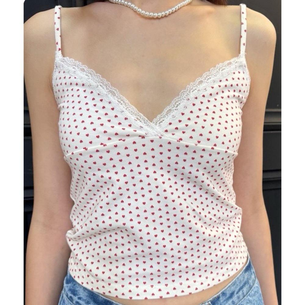 White & Red Heart Lace-Trim Camisole Top
